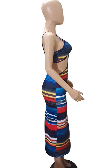 Red Screw Thread Stripe Condole Belt Long Dress FA7240