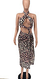 Brown Sexy Leopard Women Bandage Chest Wrap Open Fork Skirts Sets AYL88803-2