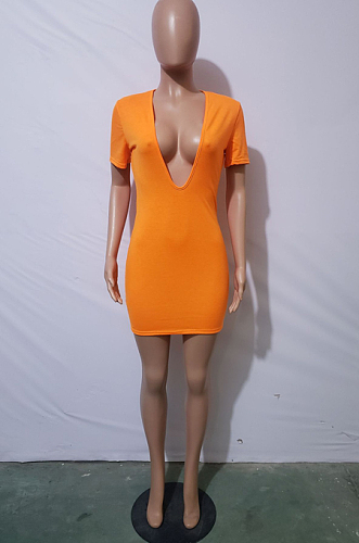 Orange JH 257ashion Sexy Pure color Deep V Short Sleeve Short Dress JH257-1
