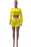 Yellow Women Shirred Detail Autumn Winter Sport Casual Shorts Sets NK253-3