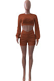 Coffee Women Shirred Detail Autumn Winter Sport Casual Shorts Sets NK253-8