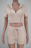 Apricot Euramerican Pure Color Hoodie T Shirt Shorts Two Piece X9301-9