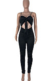 Black Women Pure Color Tight Sexy Shirred Detail Bodycon Jumpsuits KXL842-1