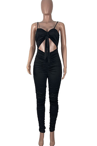 Black Women Pure Color Tight Sexy Shirred Detail Bodycon Jumpsuits KXL842-1