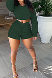 Army Green Women Shirred Detail Autumn Winter Sport Casual Shorts Sets NK253-12