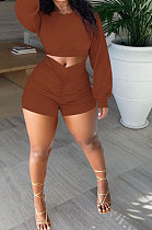 Coffee Women Shirred Detail Autumn Winter Sport Casual Shorts Sets NK253-8