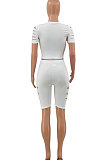 White Hurnt Flower Printing Casual Sport Shorts Sets PY803-4