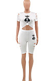 White Hurnt Flower Printing Casual Sport Shorts Sets PY803-4