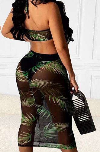 Black Sexy Net Yarn Print Haltet Neck Dress SXS6052