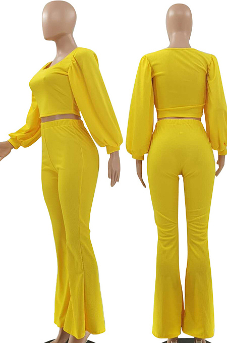 Yellow Pit Bar U Neck Lantern Sleeve Flare Pant Two Piece LSZ9048-1