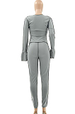 Grey Flare Long Sleeve Irregularity Top Long Pant Casual Sets LSZ9033-1