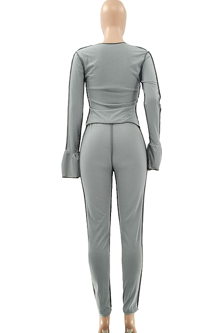 Grey Flare Long Sleeve Irregularity Top Long Pant Casual Sets LSZ9033-1