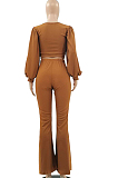 Brown Pit Bar U Neck Lantern Sleeve Flare Pant Two Piece LSZ9048-3