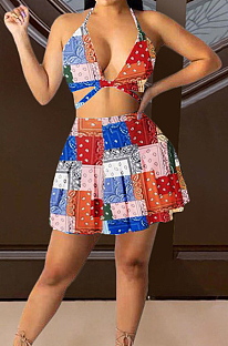 Colorful Sling Halter Neck Chest Warp Ruffel Skirt Two Piece SXS6056