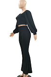 Black Pit Bar U Neck Lantern Sleeve Flare Pant Two Piece LSZ9048-2