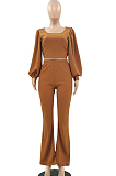 Brown Pit Bar U Neck Lantern Sleeve Flare Pant Two Piece LSZ9048-3