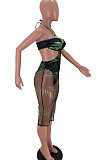 Black Sexy Net Yarn Print Haltet Neck Dress SXS6052