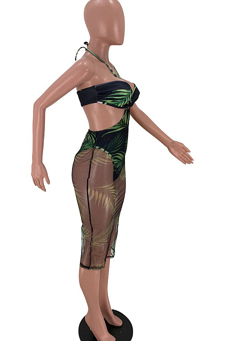 Black Sexy Net Yarn Print Haltet Neck Dress SXS6052
