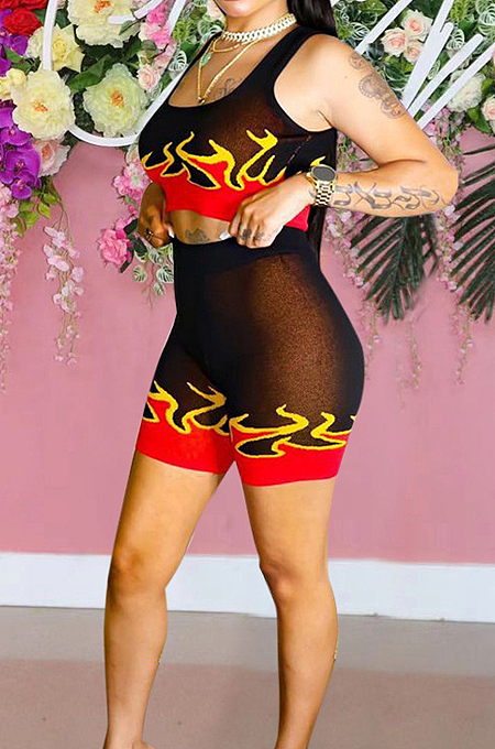 Black Red Euramerican Fashion Flame Print Vest Shorts Two Piece LSZ91162-1