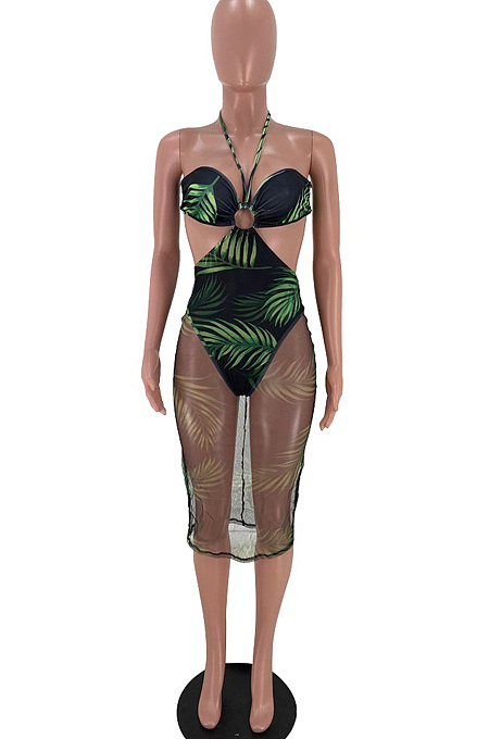 Black Sexy Net Yarn Print Haltet Neck Dress SXS6052