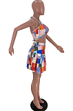 Colorful Sling Halter Neck Chest Warp Ruffel Skirt Two Piece SXS6056
