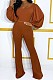 Brown Pit Bar U Neck Lantern Sleeve Flare Pant Two Piece LSZ9048-3
