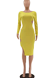 Yellow Fashion Casual A Word Shoulder Long Sleeve Hole Backless Dress LSZ91168-1