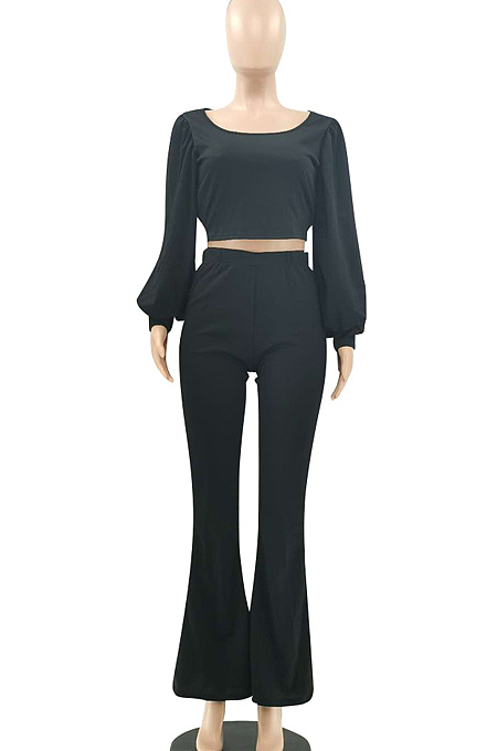 Black Pit Bar U Neck Lantern Sleeve Flare Pant Two Piece LSZ9048-2