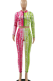 Pink Print Spliced Zipper Fashion Casual Two Piece LSZ9041