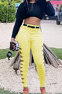 Yellow Euramerican Fashion Casual Hole Jeans LSZ91169-3