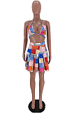 Colorful Sling Halter Neck Chest Warp Ruffel Skirt Two Piece SXS6056