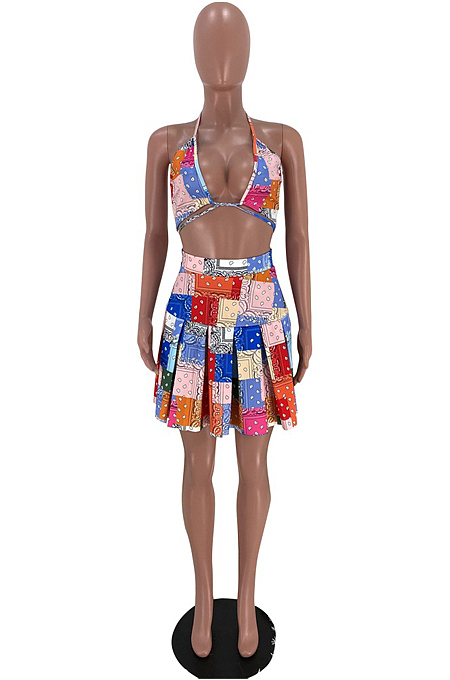 Colorful Sling Halter Neck Chest Warp Ruffel Skirt Two Piece SXS6056