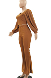 Brown Pit Bar U Neck Lantern Sleeve Flare Pant Two Piece LSZ9048-3