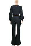 Black Pit Bar U Neck Lantern Sleeve Flare Pant Two Piece LSZ9048-2