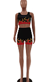 Black Red Euramerican Fashion Flame Print Vest Shorts Two Piece LSZ91162-1