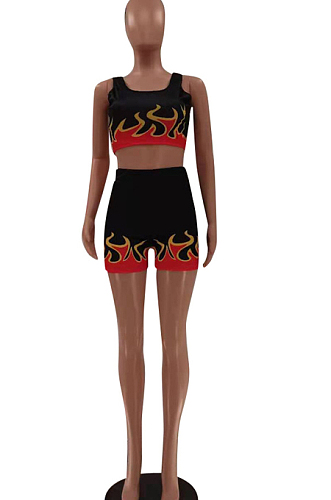 Black Red Euramerican Fashion Flame Print Vest Shorts Two Piece LSZ91162-1