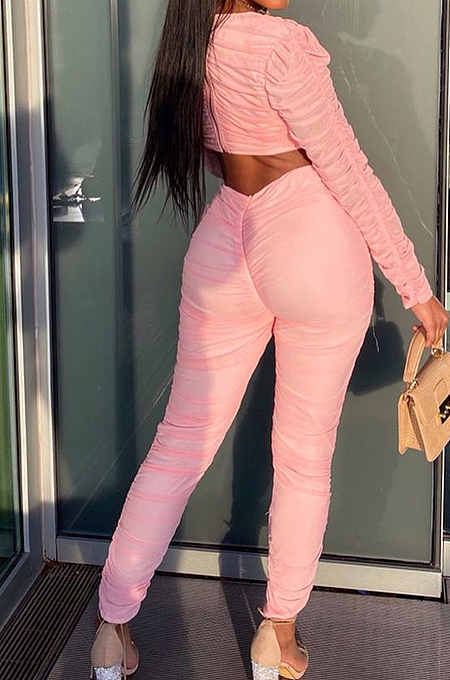 Pink Women Fashion Ruffel Casual Jumpsuits LSZ9023