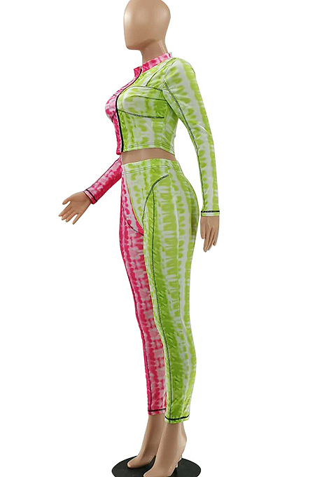 Pink Print Spliced Zipper Fashion Casual Two Piece LSZ9041