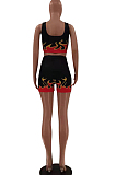 Black Red Euramerican Fashion Flame Print Vest Shorts Two Piece LSZ91162-1