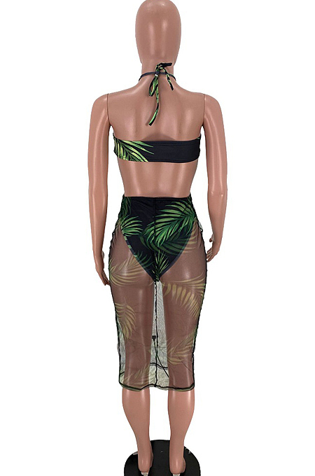 Black Sexy Net Yarn Print Haltet Neck Dress SXS6052