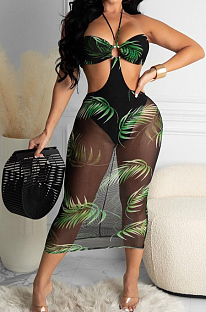 Black Sexy Net Yarn Print Haltet Neck Dress SXS6052