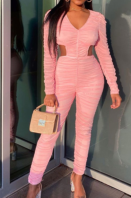 Pink Women Fashion Ruffel Casual Jumpsuits LSZ9023