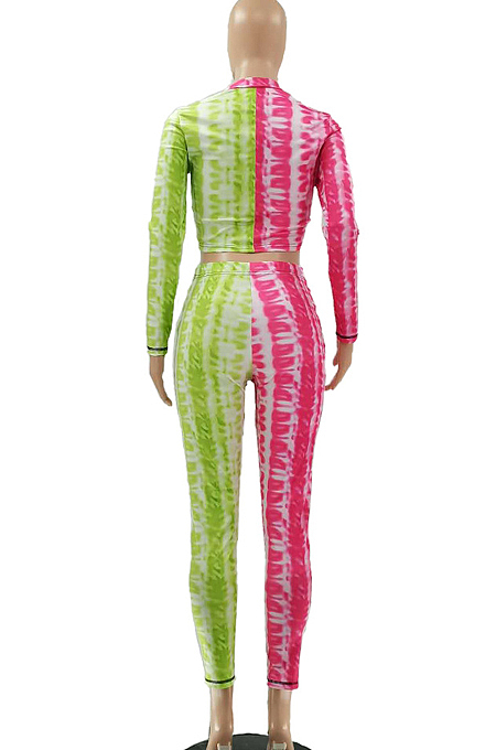 Pink Print Spliced Zipper Fashion Casual Two Piece LSZ9041