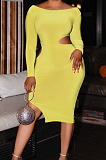 Yellow Fashion Casual A Word Shoulder Long Sleeve Hole Backless Dress LSZ91168-1