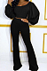 Black Pit Bar U Neck Lantern Sleeve Flare Pant Two Piece LSZ9048-2