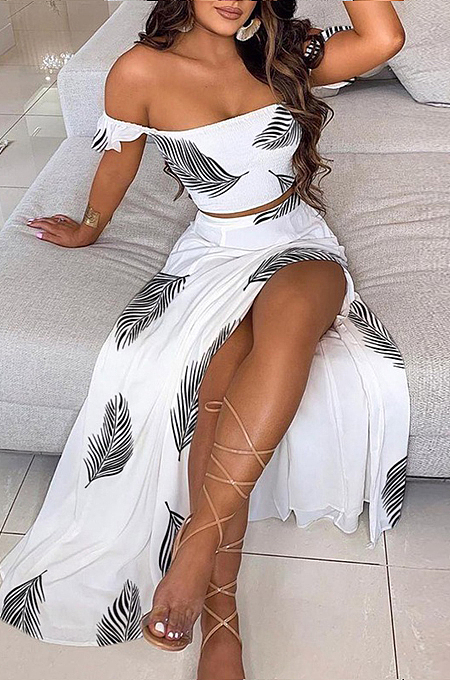 White Feathers Summer Sexy Bohemia Print Boob Tube Top Long Skirts Two Piece SFM0232-5