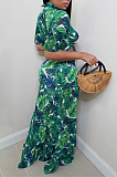 Green Sexy Fashion Deep V Agaric Edge Print Long Skirt Two Piece TD80047