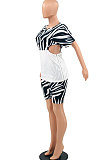 White Trendy Stripe Printing Zipper Shorts Sets PY808-1