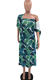 Green Sexy Fashion Deep V Agaric Edge Print Long Skirt Two Piece TD80047