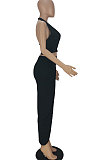 Black Euramerican Women Pure Color Sexy Halter Neck Hollow Out Skirts Sets QMQ7049-1